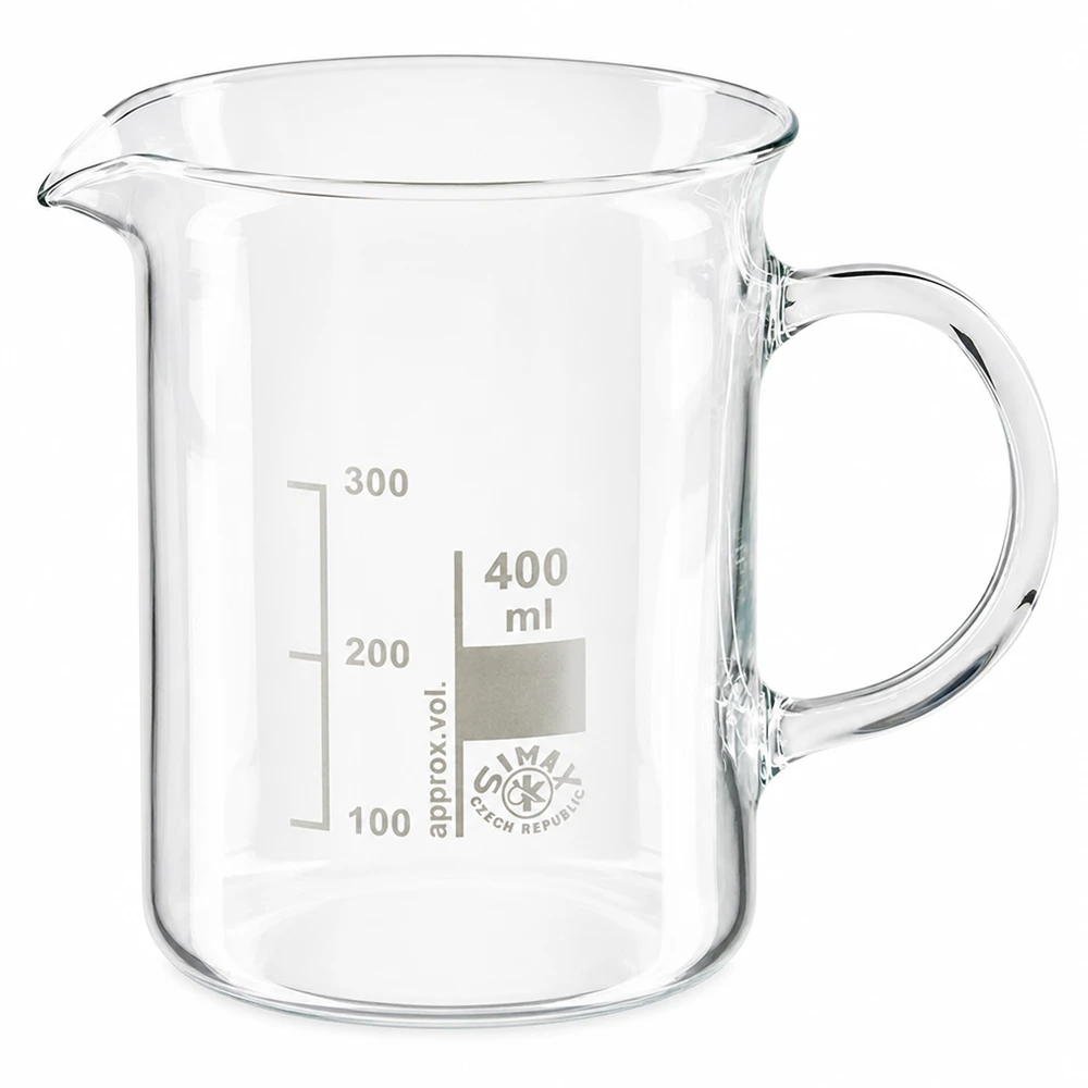 Bécher avec poignée 400ml en verre borosilicate résistant à la chaleur (forme normale) Bécher cylindrique en verre de 400 ml avec anse, adapté à un usage en laboratoire et à la maison