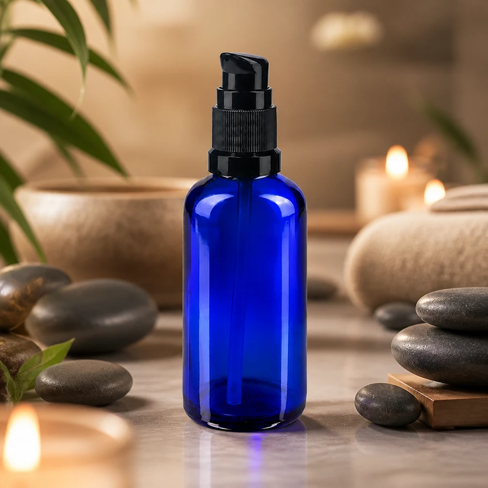 Flacon en verre bleu de 50 ml muni d'une pompe, entouré de pierres de bien-être et de bougies