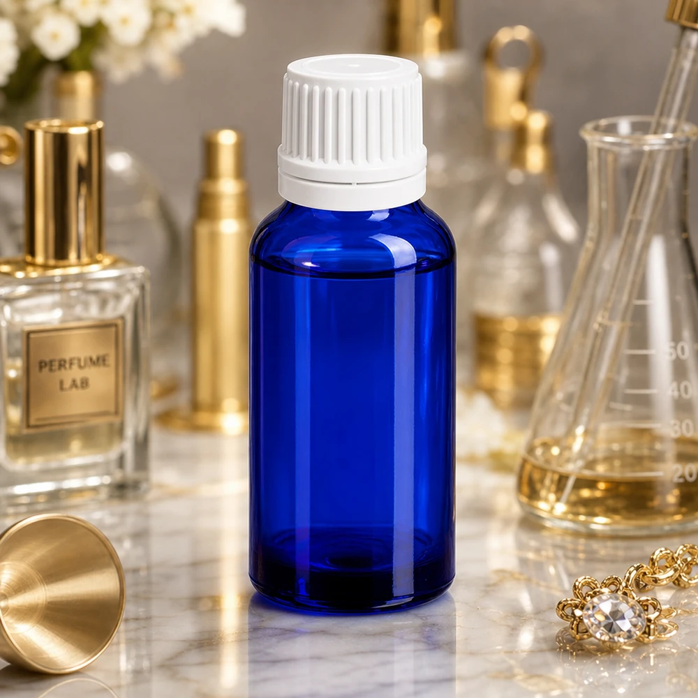 Flacon compte-goutte 20ml 0.7mm blanc OV BlueLine UT18/20 Flacon compte-gouttes compact de 20 ml d'un bleu élégant avec filetage UT18/20 à l'épreuve des enfants