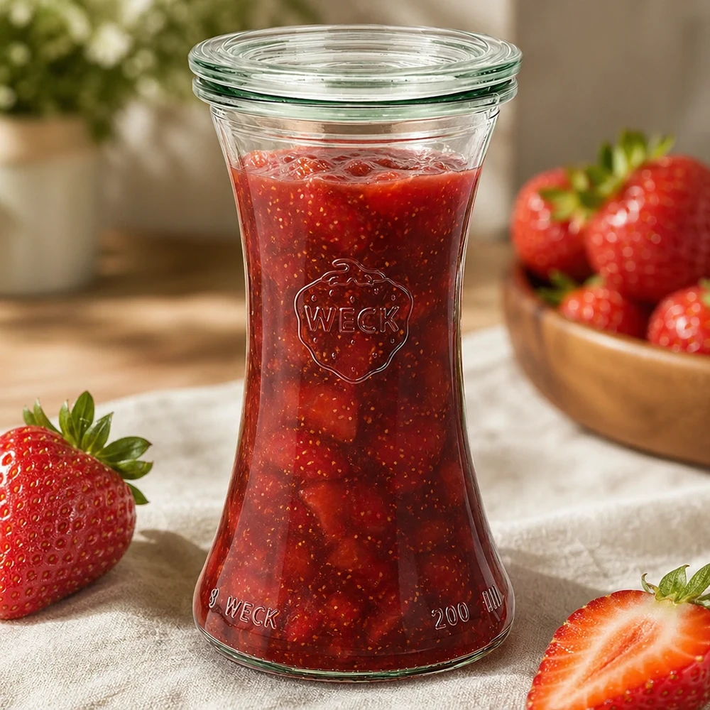WECK Pot d'épicerie fine 200ml avec confiture de fraises maison Un gros plan montre la structure du verre et la qualité des fruits