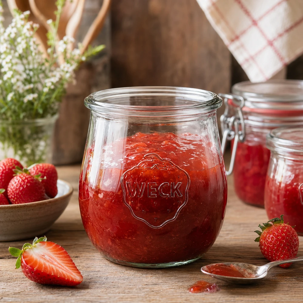 220ml bocal tulipe WECK RR60 WECK Pot tulipe 220ml RR60 rempli de confiture de fraises rouges sur une table rustique en bois avec des fraises fraîches