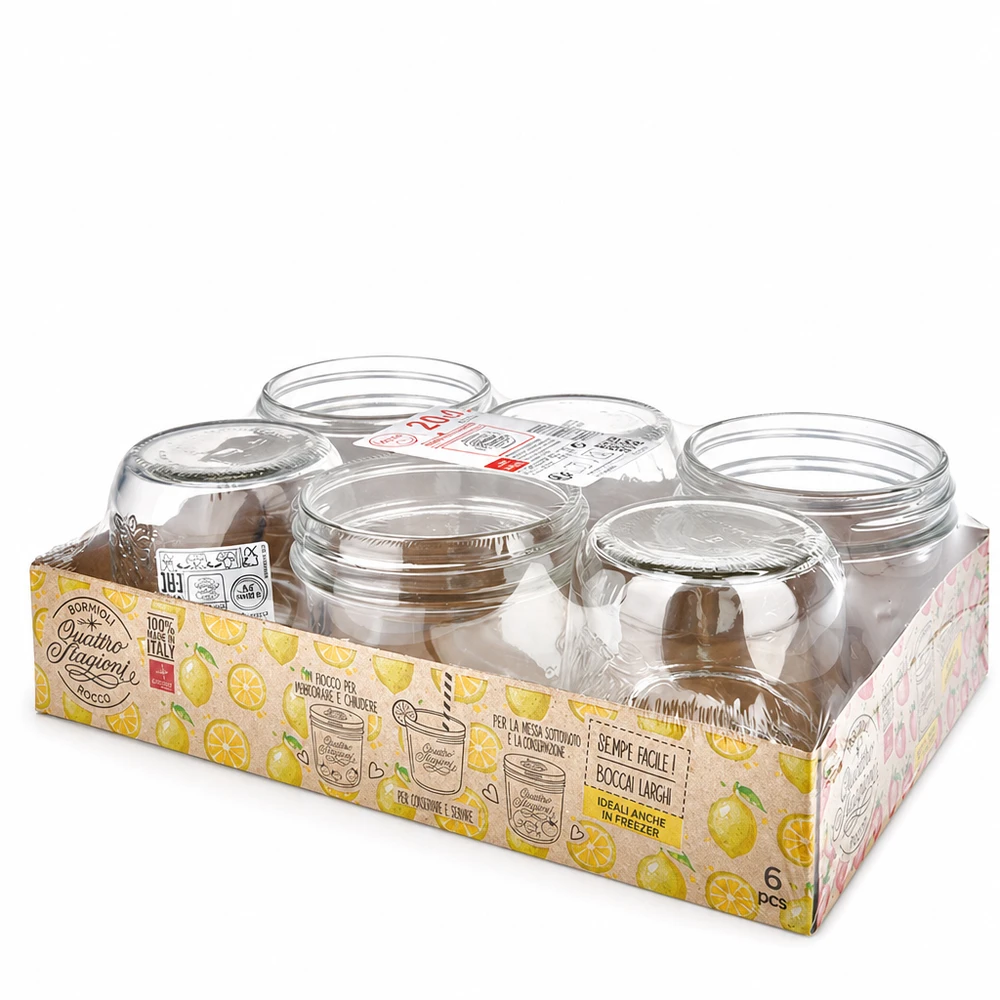 Verre renversé de 200 ml « Quattro Stagioni » avec couvercle Pot à l'envers 200ml Quattro Stagioni avec couvercle Lot de 6 pots à conserves d'Italie dans un emballage jaune