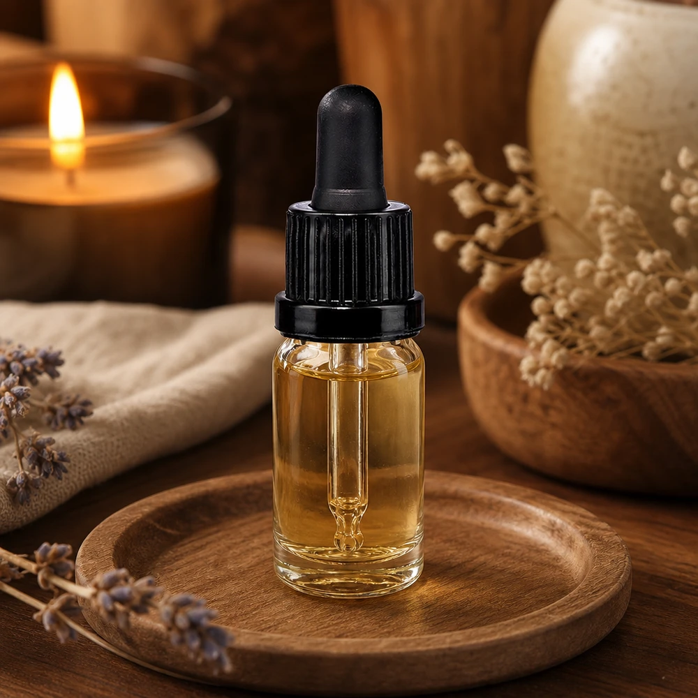 Flacon à pipette 10ml noir OV ClearLine UT18/10 Flacon pipette transparent de 10 ml muni d'une poire en caoutchouc noire, présenté sur un plateau en bois dans une ambiance bien-être