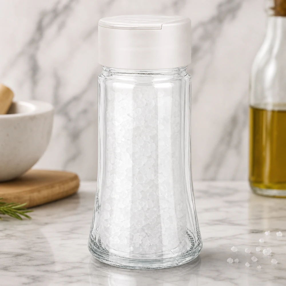 Pot à sel/épices 95 ml avec double saupoudreuse, blanc Verre à sel de 95 ml muni d'un double saupoudreur blanc, rempli de gros sel marin, posé sur un socle en marbre