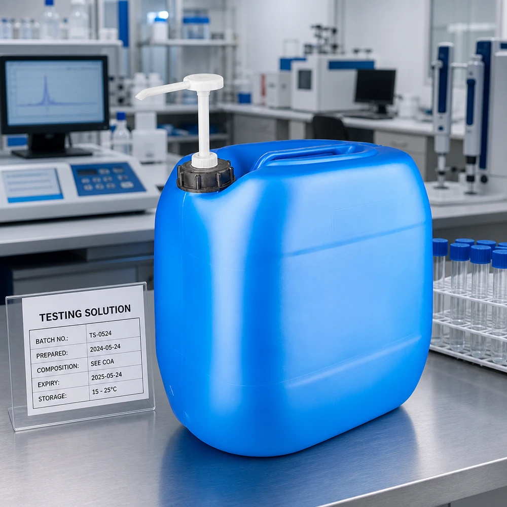 Bidon de 30 litres bleu avec pompe doseuse Bidon en plastique de grande capacité, 30 L, bleu, avec pompe intégrée, destiné aux solutions d'essai en laboratoire