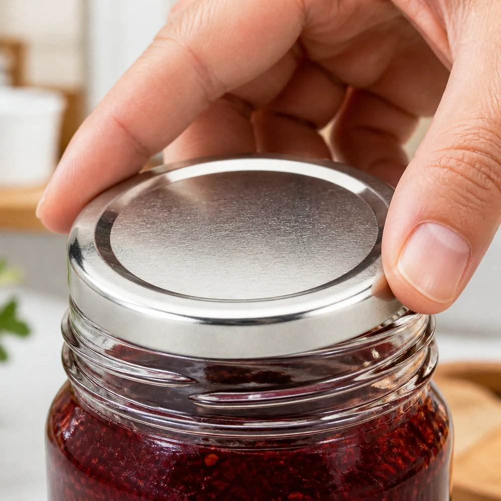 Une main ferme un pot de confiture muni d'un couvercle à visser UNiTWIST BasicSeal de 48 mm, couleur argent