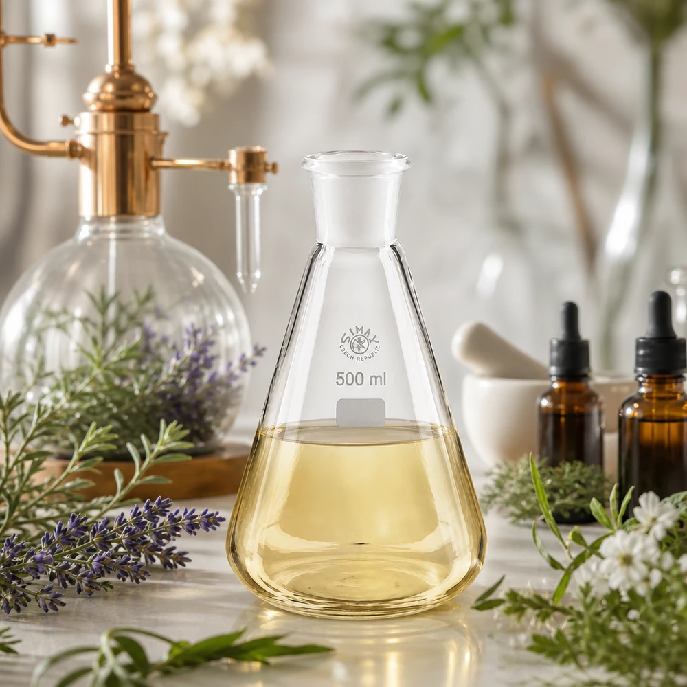 Erlenmeyer 500 ml col étroit, verre borosilicate avec rodage normalisé 29/32 Extraction botanique avec un ballon conique de 500 ml et des herbes fraîches en arrière-plan
