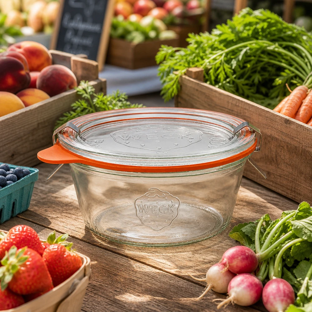 WECK Pot renversé 290ml RR100 avec anneau en caoutchouc orange entre les légumes frais du marché Fruits à mettre en conserve