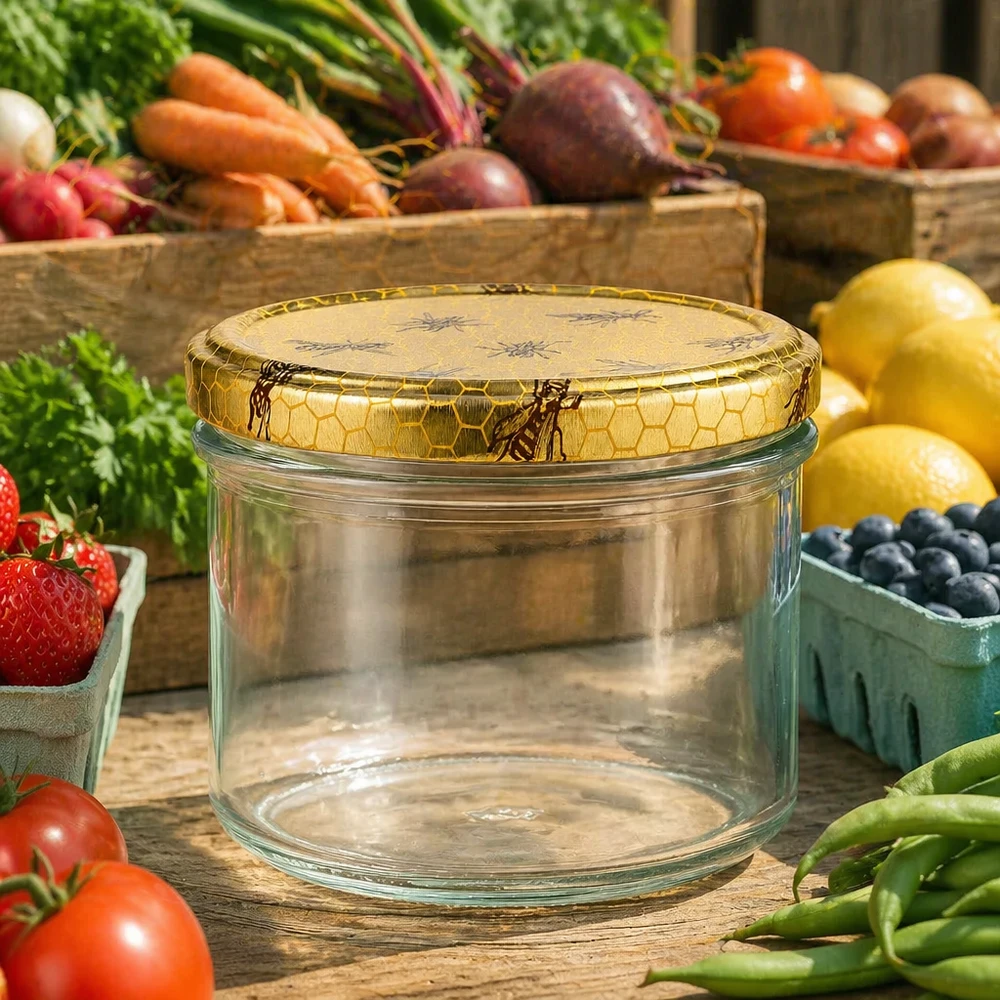 Pot de miel de 250g avec couvercle en nid d'abeille entouré de légumes frais, de fruits et de baies sur une table en bois rustique