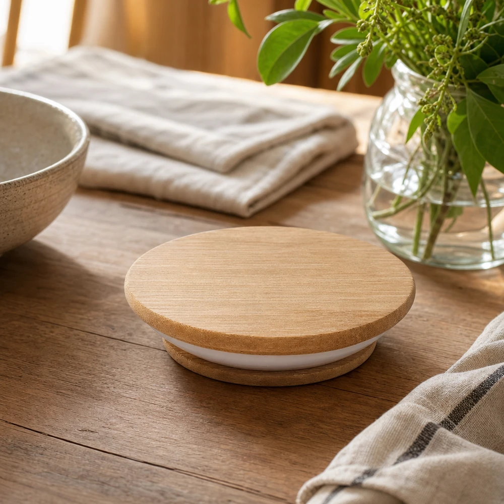 Couvercle en bois RR80 WECK WECK Couvercle en bois RR80 Version A Prise de vue lifestyle sur table en bois avec décoration montre une intégration naturelle dans l'ambiance de l'habitat