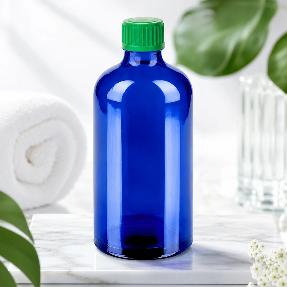 100ml Fl. goutte 0.8mm vert STD BlueLine UT18/100 Flacon compte-gouttes BlueLine 100ml de haute qualité en verre bleu foncé avec bouchon à visser vert pour la protection contre les UV