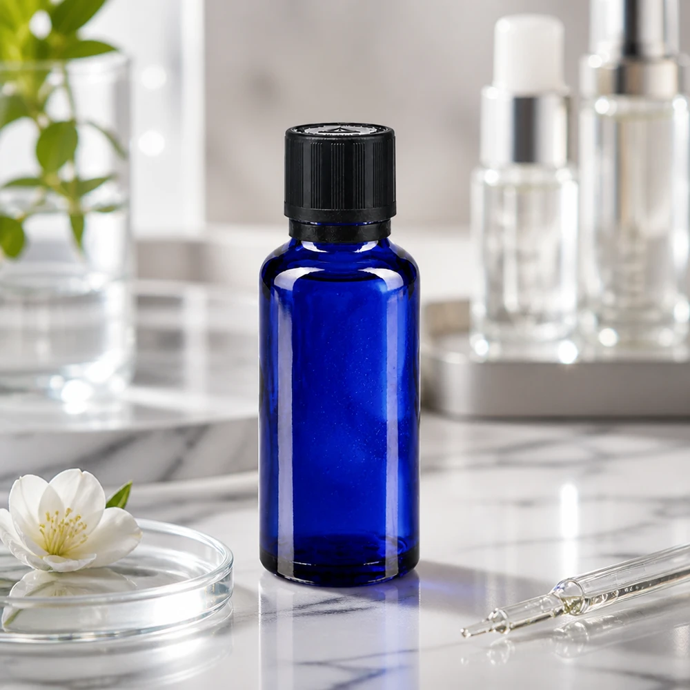 flacon à pharmacie bleu 30ml bouchon inviolable 1mm noir séc. enf. ada.a.ave. bouchon inviolabilité Flacon de pharmacie bleu cobalt de 30 ml avec bouchon à vis noir, dans une salle de bains au style moderne