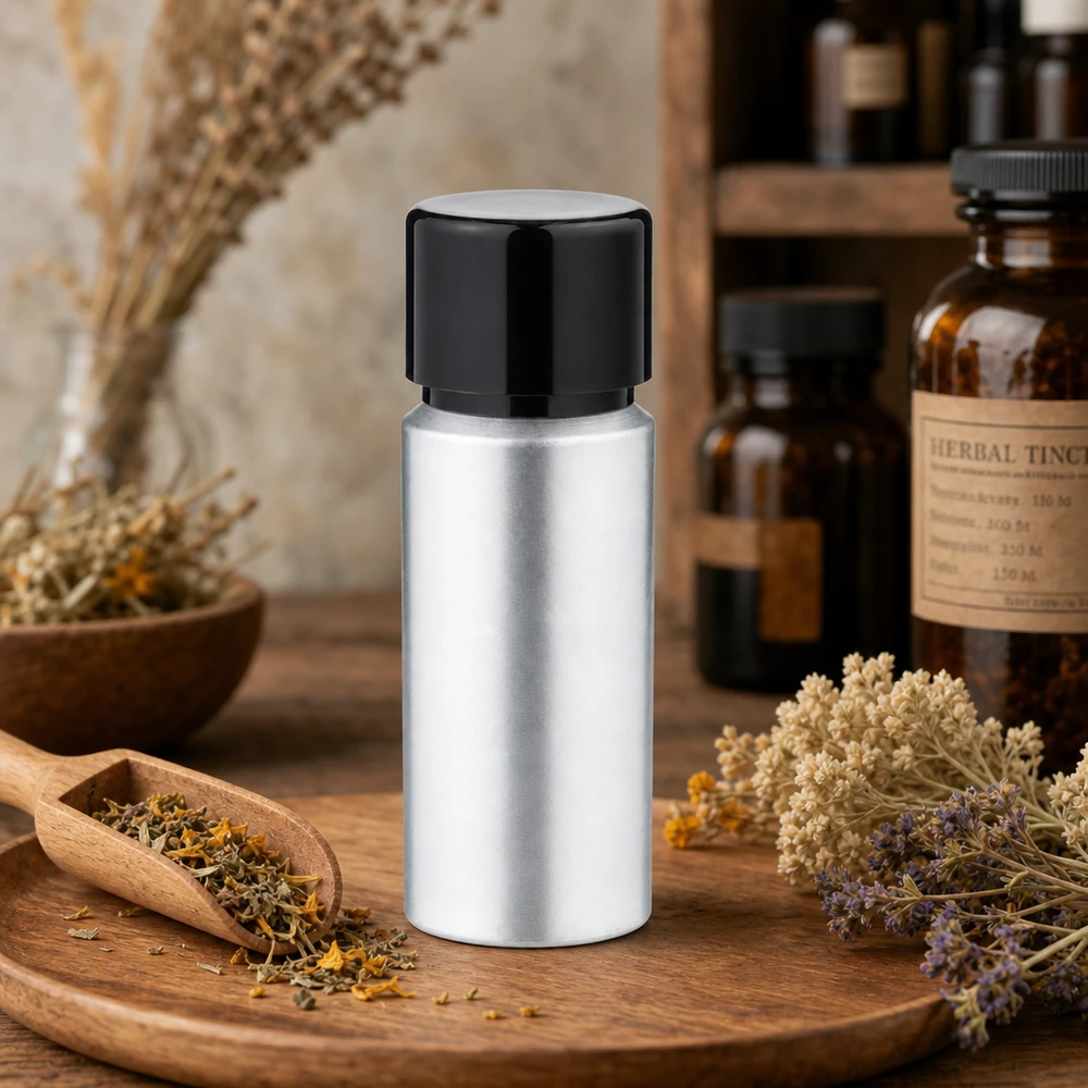 Bouteille en aluminium teinté 20 ml, avec bouchon à vis noir et joint conique Petite bouteille en aluminium de 20 ml avec bouchon étanche - idéale pour le dosage et le portionnement de liquides