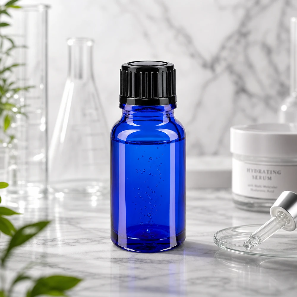 Flacon de pharmacie bleu 10ml bouchon vissable noir standart Flacon en verre bleu de 10 ml, protection UV, verre de pharmacie avec bouchon d'inviolabilité noir de 11 mm