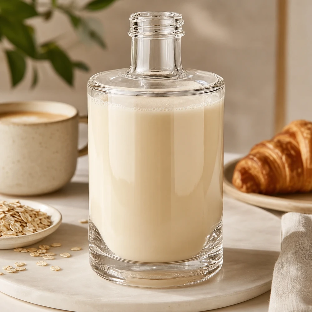 Bouteille en verre 375 ml « Sam » sans bouchon à vis UNiTWIST® Bouteille de verre Sam de 375 ml remplie de lait d'avoine crémeux, disposée à côté d'un croissant et d'une tasse à café sur une planche en bois.