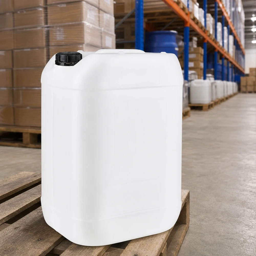 Bidon de 25 litres adapté au contact alimentaire, muni d'un bouchon à vis noir, destiné aux liquides