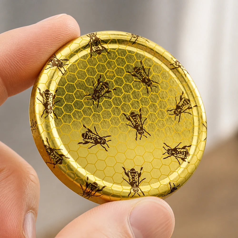 Couvercle BasicSeal 82 mm, motif alvéolé (TO82) UNiTWIST Couvercle rond pour bocaux de 82 mm, avec une finition jaune miel et des motifs d'abeilles marron foncé