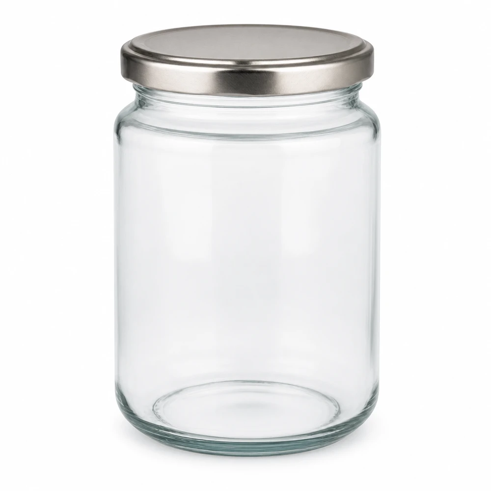 382ml Verre rond avec couvercle BasicSeal argent UNiTWIST Pot rond de 382ml avec couvercle BasicSeal argenté vide sur fond blanc Pot de conservation