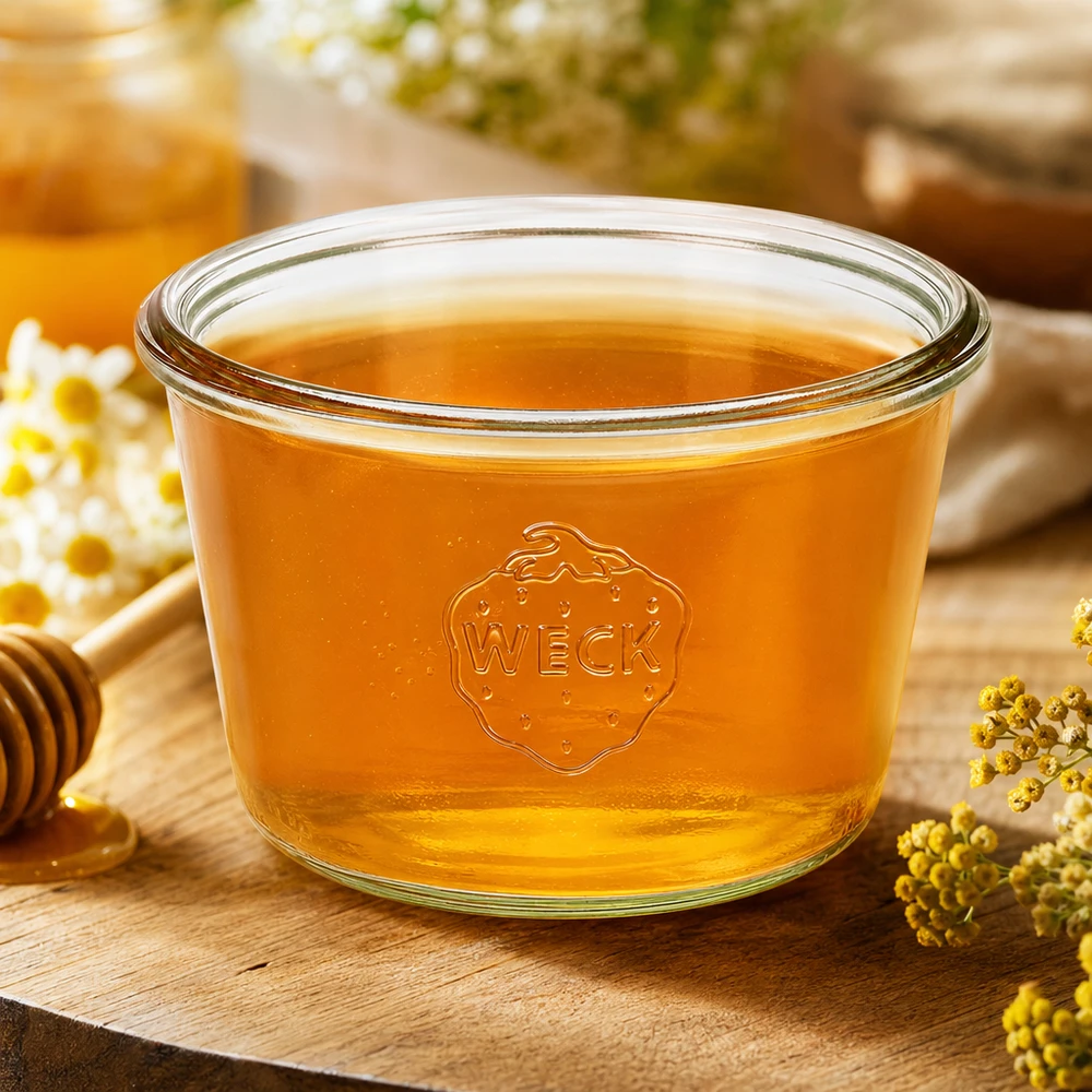 WECK Verre renversé 370ml RR100 rempli de miel sur table en bois avec camomille et nid d'abeille