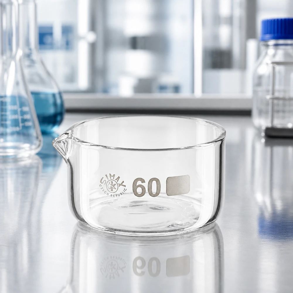 Coupelle de cristallisation 60 ml, verre de laboratoire, profil bas, borosilicate, bec verseur ø 60 mm, résistante à la chaleur