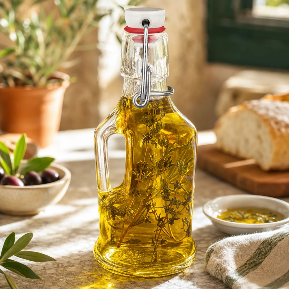 Bouteille en verre 200 ml « Bertha » et bouchon en porcelaine UNiTWIST® Bouteille en verre Bertha 200ml remplie d'huile aux herbes scène de cuisine méditerranéenne olives pain bouchon à étrier UNiTW