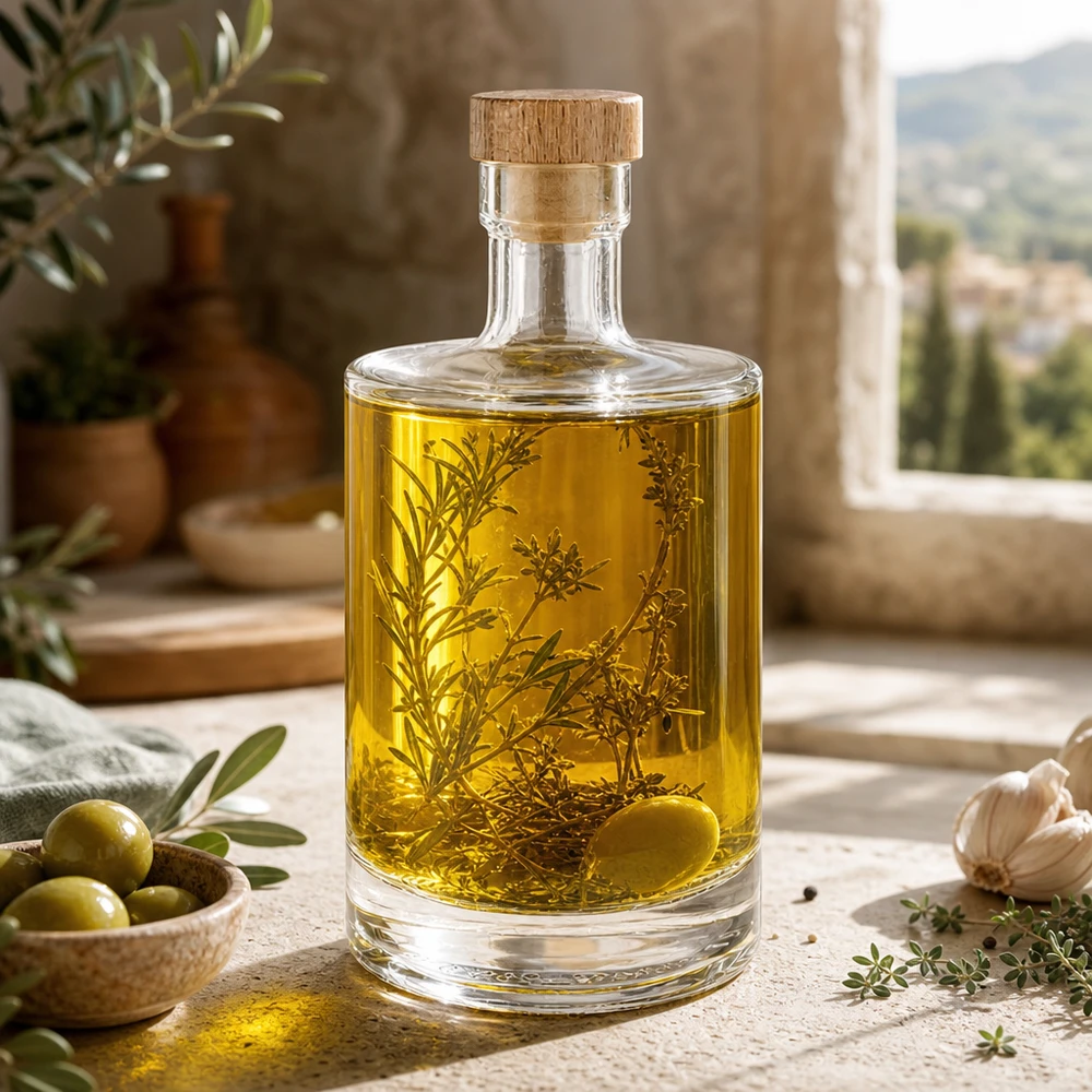 Bouteille en verre 500 ml « 500ml Glasflasche "Marie" mit Holzgriff-Korken UNiTWIST » avec bouchon en bois UNiTWIST® 500ml Glasflasche Marie mit Kräuteröl befüllt - Holzkorken UNiTWIST - mediterrane Küchendeko mit Oliven und Rosmarin