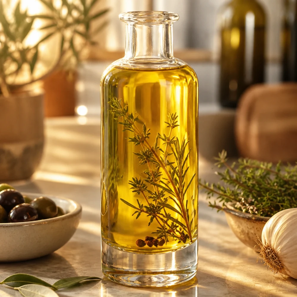 Bouteille en verre 200 ml « Ella » sans bouchon UNiTWIST® 200ml Glasflasche Ella mit Kräuteröl und Rosmarin befüllt zeigt elegante Küchennutzung für aromatisierte Öle