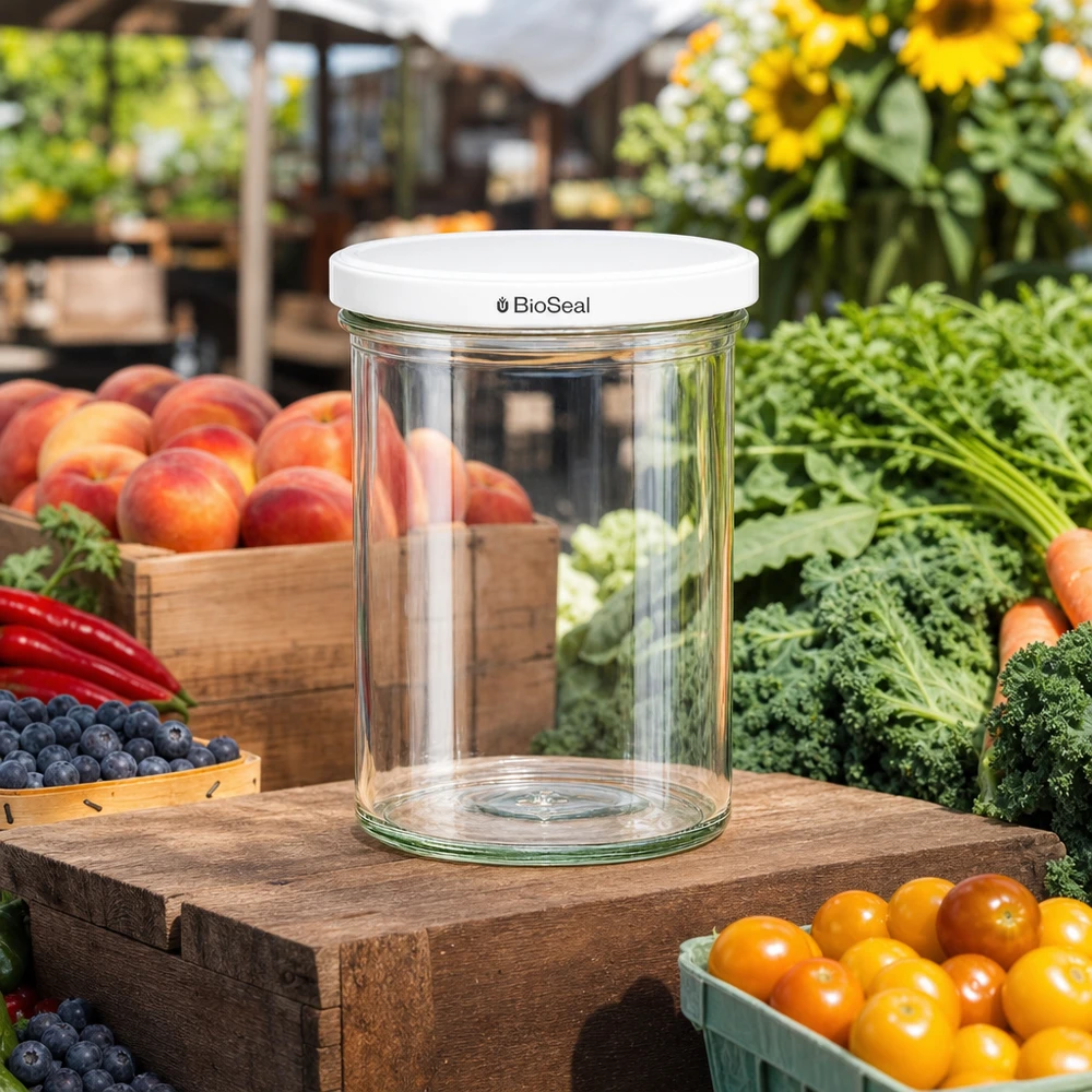 435ml Verre conique avec couvercle BioSeal blanc UNiTWIST UNiTWIST Verre renversé 435ml vide sur une table en bois parmi les fruits et légumes frais montre une utilisation polyvalente dans le jardin