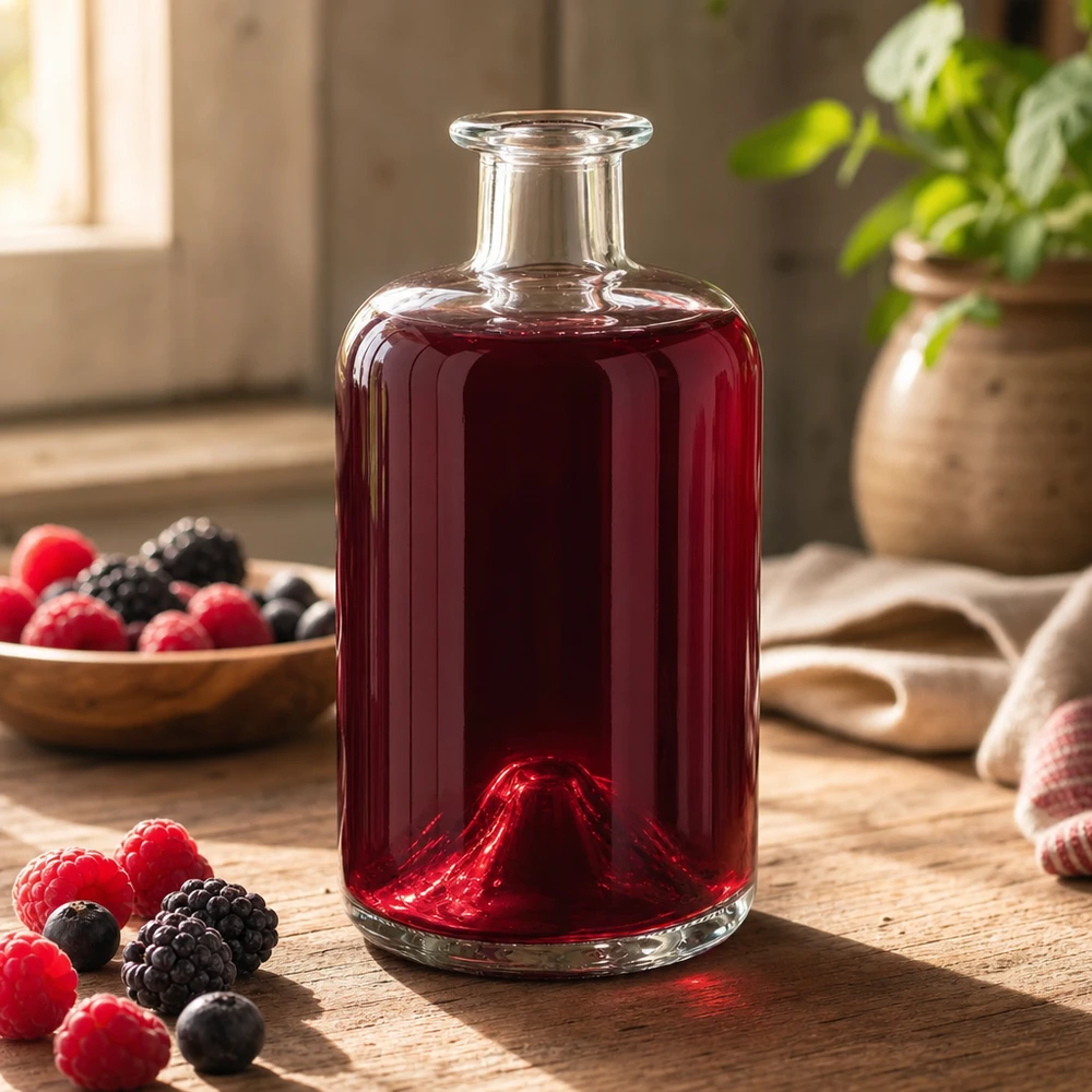 Flacon à pharmacie « 500ml Glasflasche "Sofia" ohne Verschluss UNiTWIST » 500 ml sans bouchon UNiTWIST® 500ml Glasflasche Sofia mit rotem Beerensaft befüllt Himbeeren Brombeeren dekorative Küchendeko Apothekerflasche