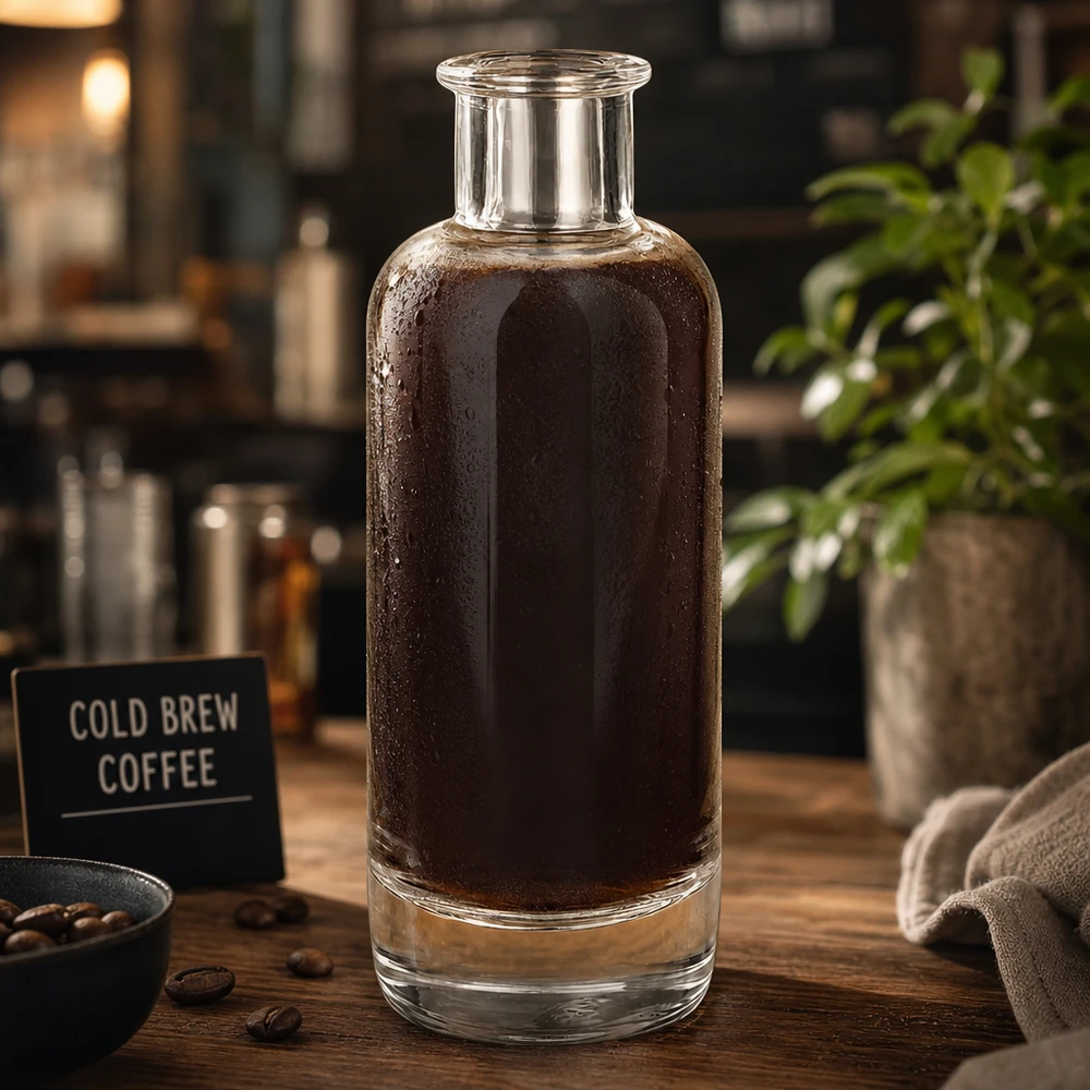 Bouteille en verre 200 ml « Ella » sans bouchon UNiTWIST® Bouteille en verre de 200ml Ella remplie de café Cold Brew dans une atmosphère de café montre l'utilisation pour les boissons au café