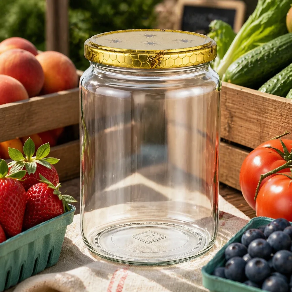 Pot de miel de 1000g avec couvercle en nid d'abeille entouré de fruits et légumes frais dans des caisses en bois scène de marché rustique