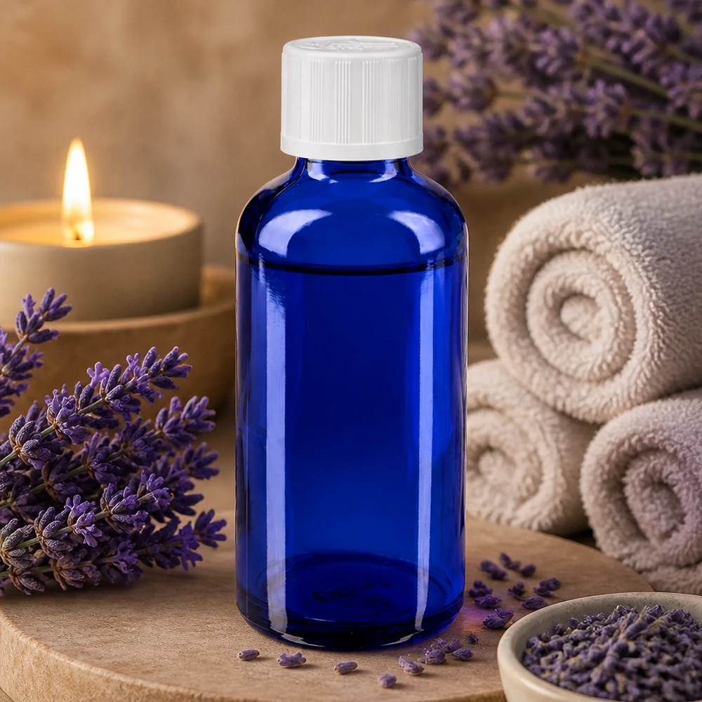Flacon d'apothicaire bleu cobalt de 50 ml avec bouchon à vis blanc, posé sur une pierre naturelle