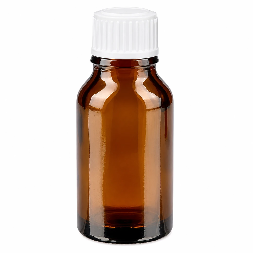 Flacon de pharmacie de 15 ml, brun, bouchon à vis blanc, flacon médical en verre