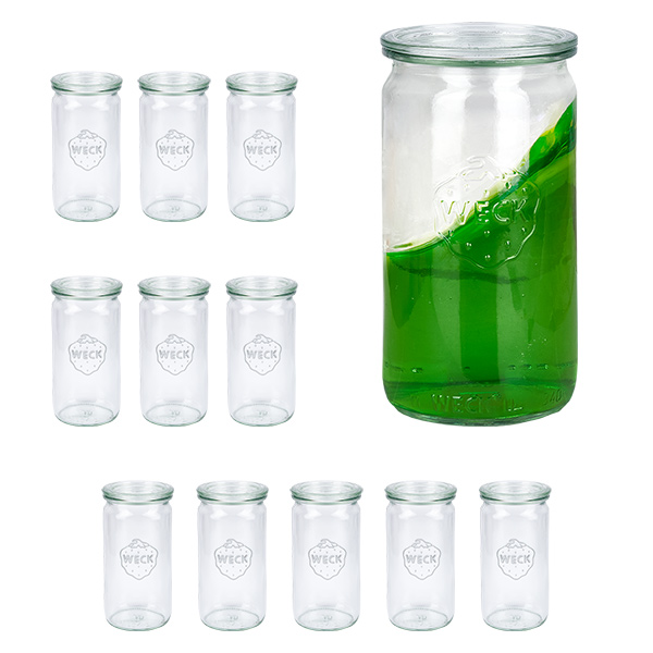 Set de 12 bocaux cylindriques Weck 340ml avec 12 couvercles en verre
