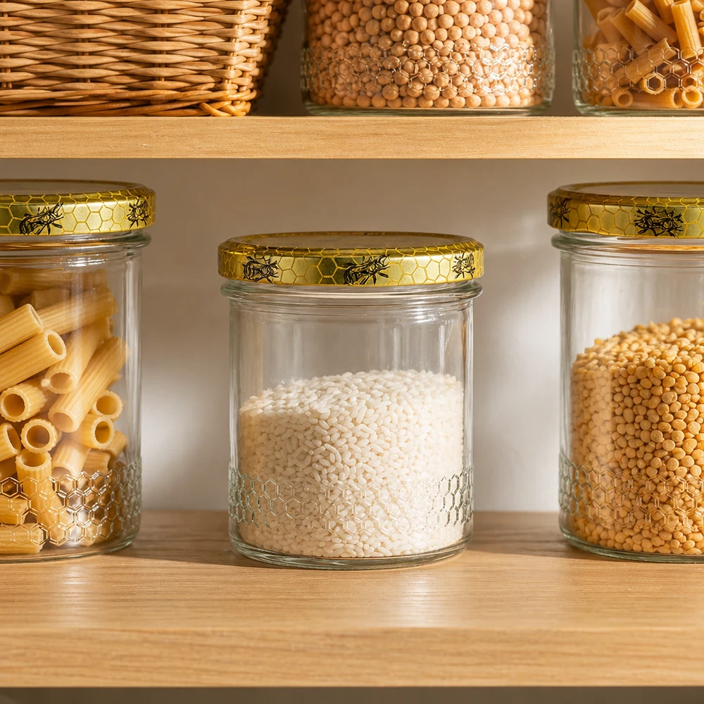 Pot de miel de 400 ml avec couvercle en nid d'abeille dans une cuisine de réserve organisée, organisation de l'office avec des pâtes et des céréales
