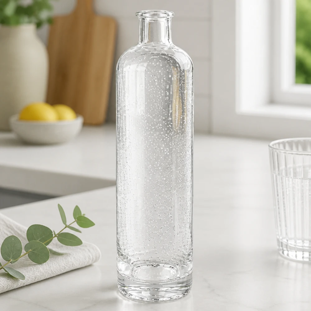 Bouteille en verre 500 ml « Ella » sans bouchon UNiTWIST® 500ml Glasflasche Ella mit Sprudelwasser gefüllt elegante Küchenszene Bubbles sichtbar stilvolle Tischdekoration