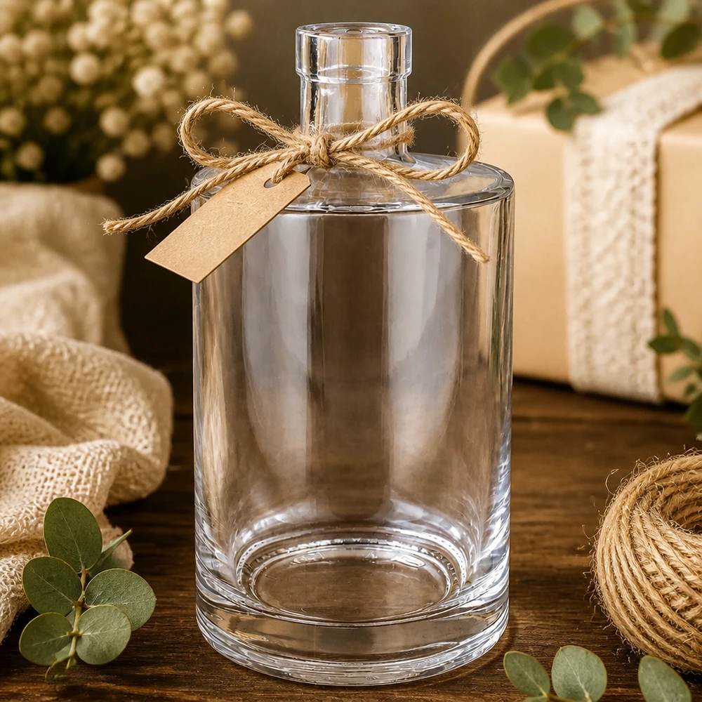 Bouteille en verre 700 ml « Marie » sans bouchon UNiTWIST® Bouteille en verre Marie de 700 ml emballée comme cadeau avec un ruban de jute et un pendentif en papier kraft décoré de manière rustique