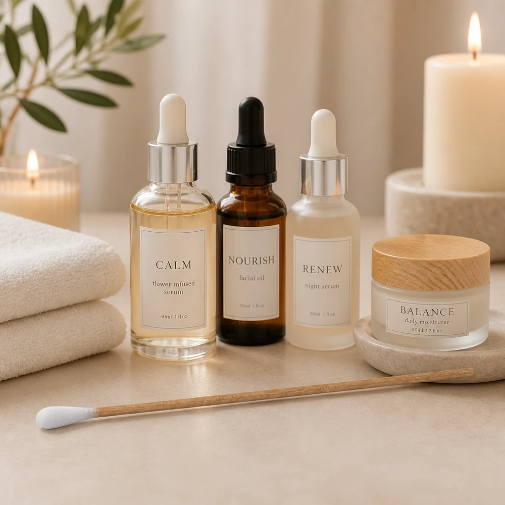 Écouvillon NON STÉRILE Cotons-tiges en bois non stériles dans un décor de spa minimaliste, avec des bougies et des serviettes