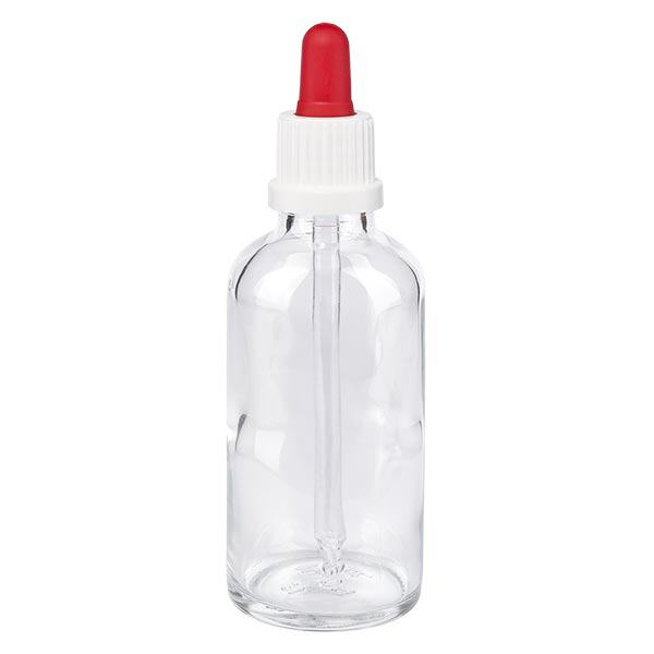 Flacon clair 50 ml + pipette rouge et blanche à système d'inviolabilité
