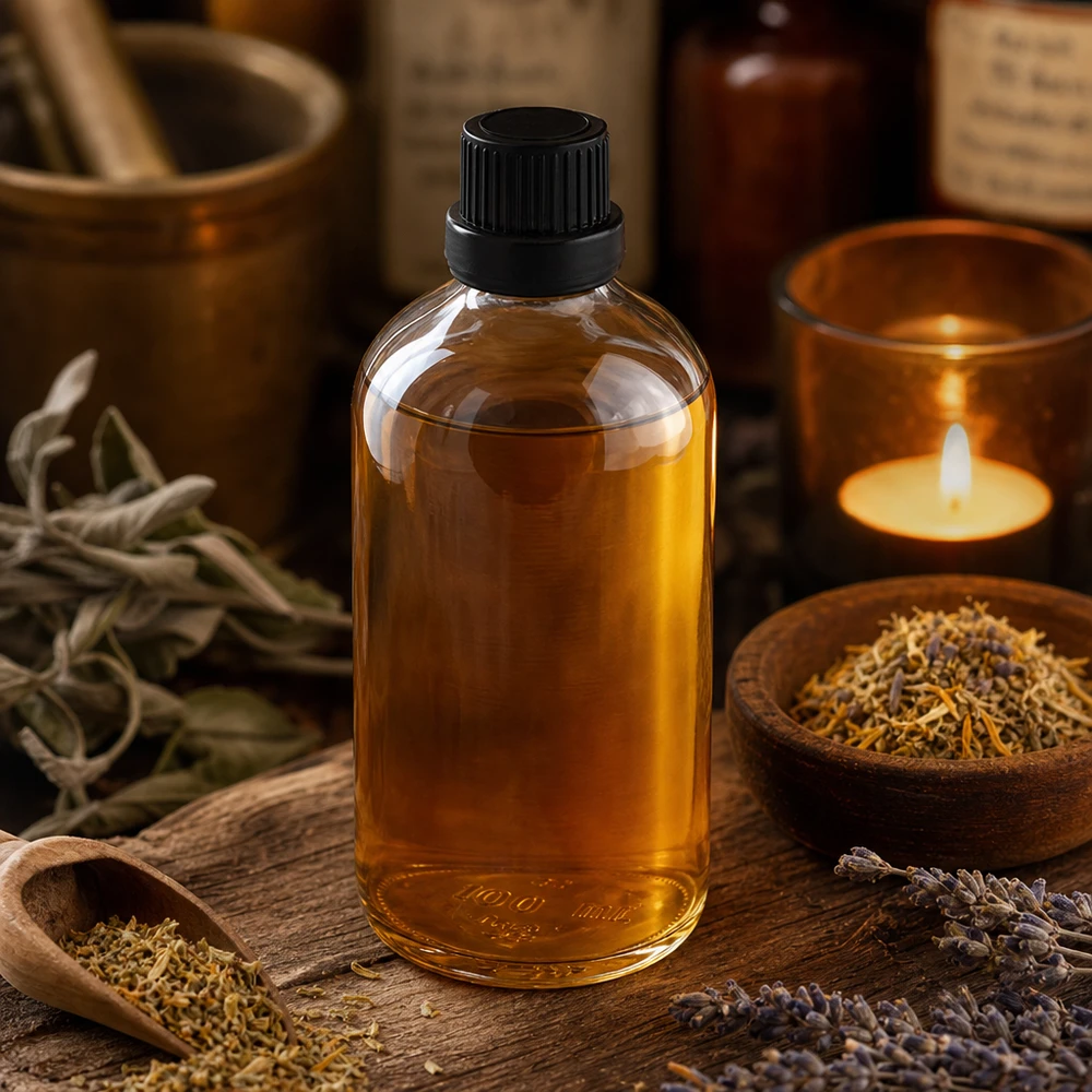 Flacon compte-gouttes en verre transparent de 100 ml avec un goulot de 2 mm et un bouchon OV noir, posé sur une table en bois garnie d'herbes aromatiques