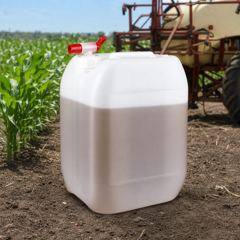 Bidon agricole en plastique de 10 litres muni d'un robinet, utilisé sur le terrain lors des récoltes