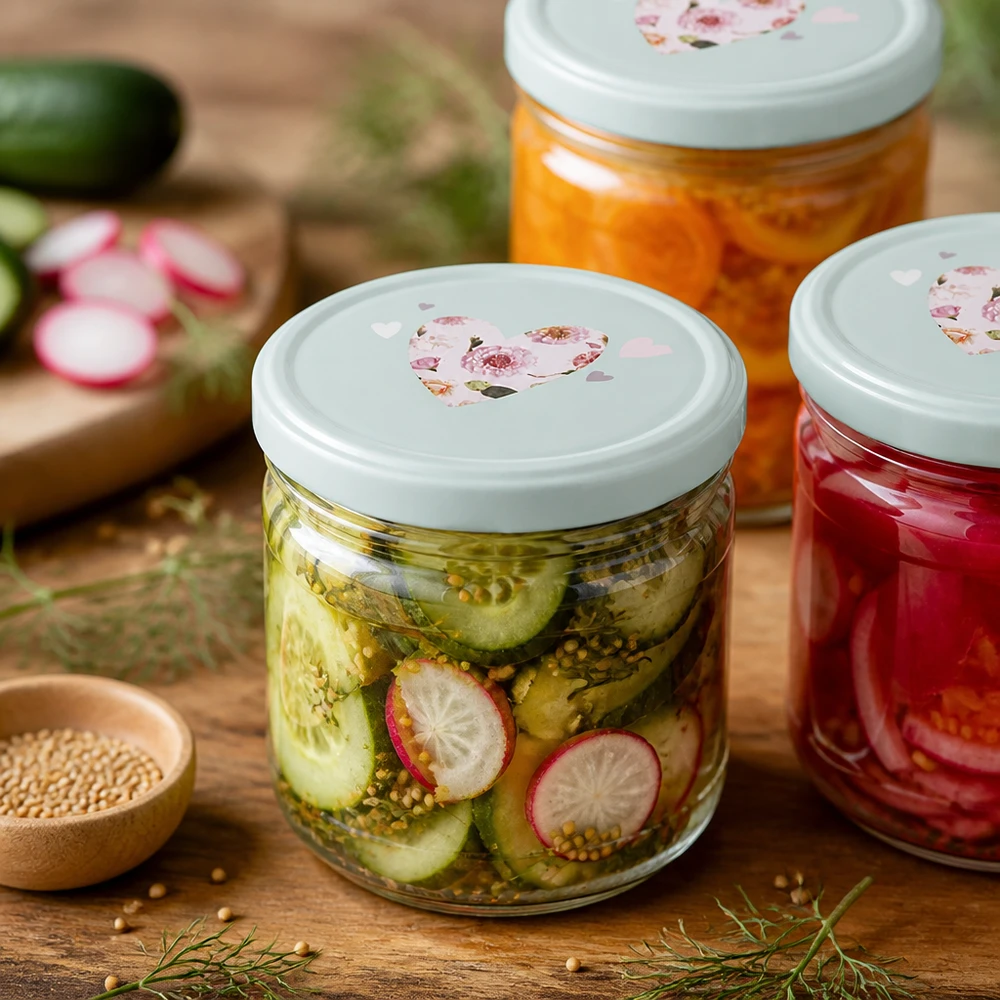 Pots renversés de 260ml remplis de légumes marinés, couvercle BasicSeal avec motif de cœur, concombres et radis marinés