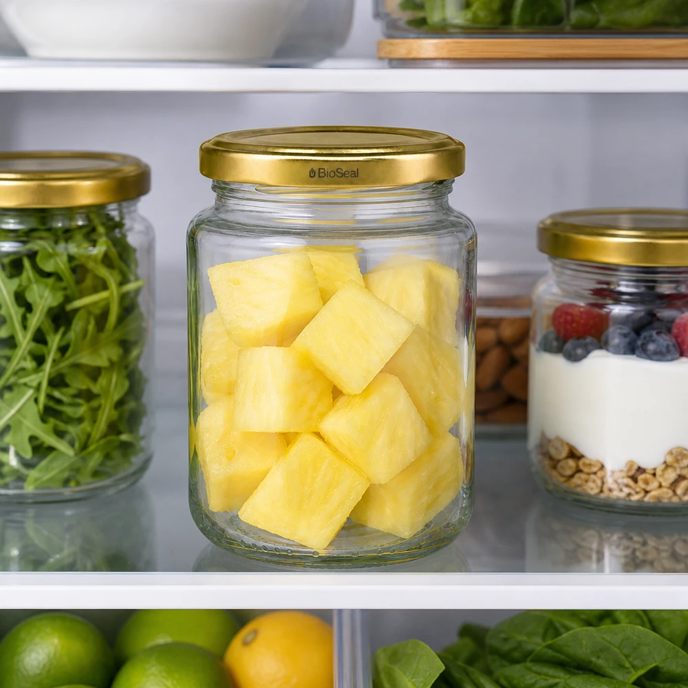 382ml Verre rond avec couvercle BioSeal or UNiTWIST UNiTWIST Runda382 avec couvercle TO66 BioSeal dans le réfrigérateur, morceaux d'ananas fraîchement conservés, bocal de réserve Meal Prep