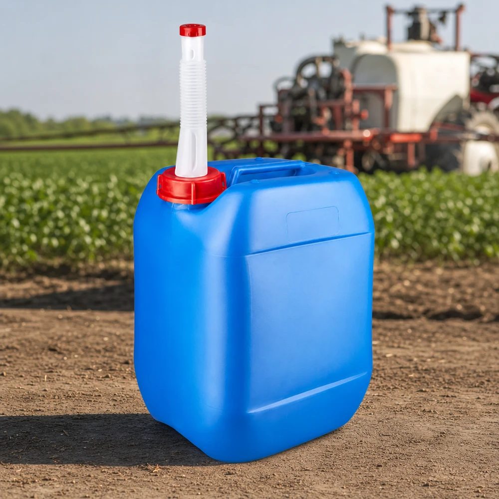 Bidon 10 litres bleu avec tube flexible Bidon carré en plastique de 10 litres, bleu, avec un tuyau de remplissage souple blanc, destiné à un usage agricole