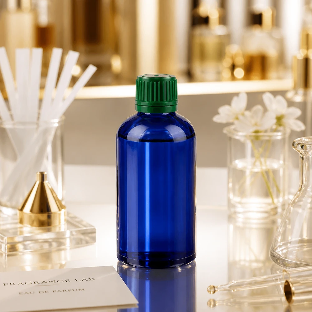Flacon 100ml 11mm SV vert OV BlueLine UT18/100 Bouteille médicale professionnelle de 100 ml avec filtre UV bleu et bouchon vert à l'épreuve des enfants