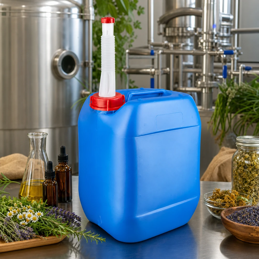 Bidon de 10 litres adapté au contact alimentaire, muni d'un bec verseur flexible, dans une distillerie entourée de lavande et de camomille