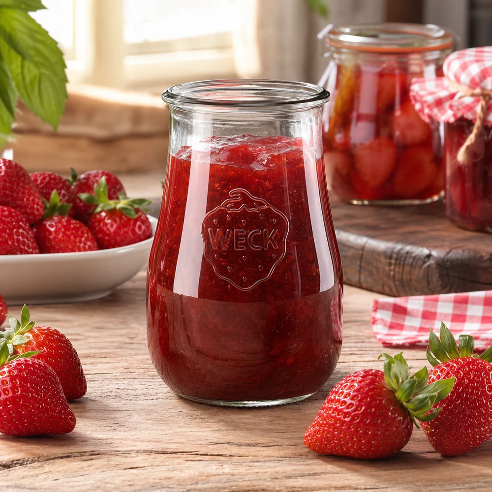 WECK Pot tulipe 1750ml RR100 rempli de confiture de fraises entouré de fraises fraîches sur table en bois Pot à confiture
