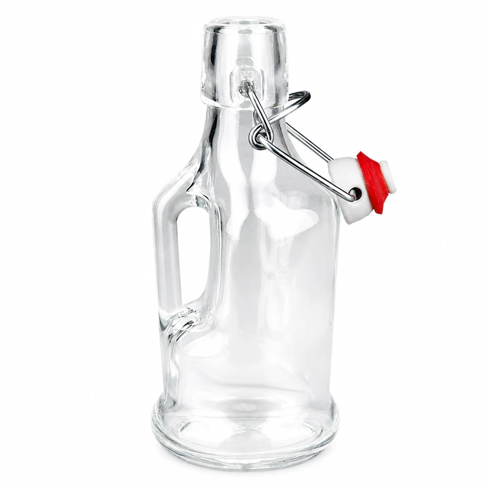 Bouteille en verre Bertha 200ml avec joint rouge sur le bouchon à étrier, verre transparent, poignée latérale
