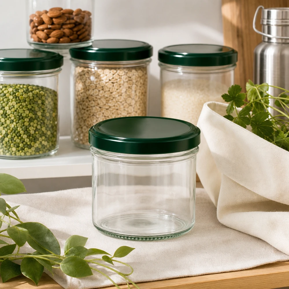 230ml Verre cylindrique avec couvercle BasicSeal vert UNiTWIST Pot cylindrique de 230 ml avec couvercle vert pour une conservation durable des légumineuses et des céréales