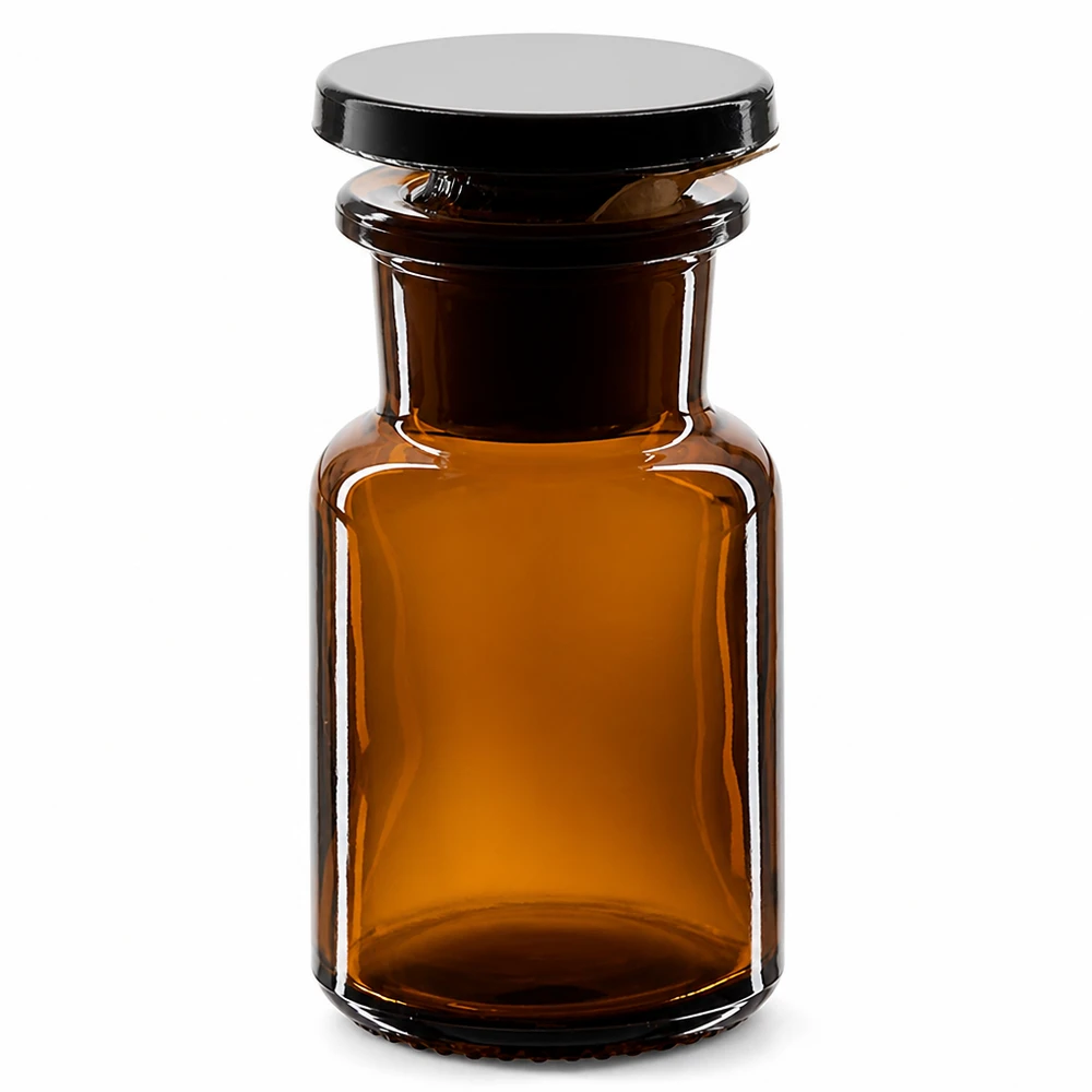 Flacon pharmaceutique 50 ml col large + bouchon verre ambré Flacon de pharmacie de 50 ml, brun, à épaulement arrondi et à col large, en verre brun protégeant des rayons UV